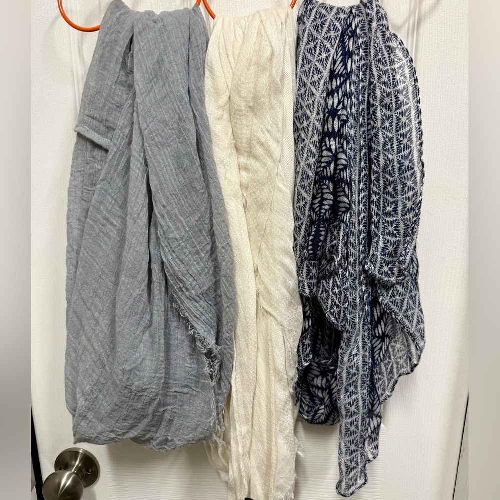 Set of 3 scarves - Ann Taylor (ivory), J Crew (blue/white) and grey (infinity)